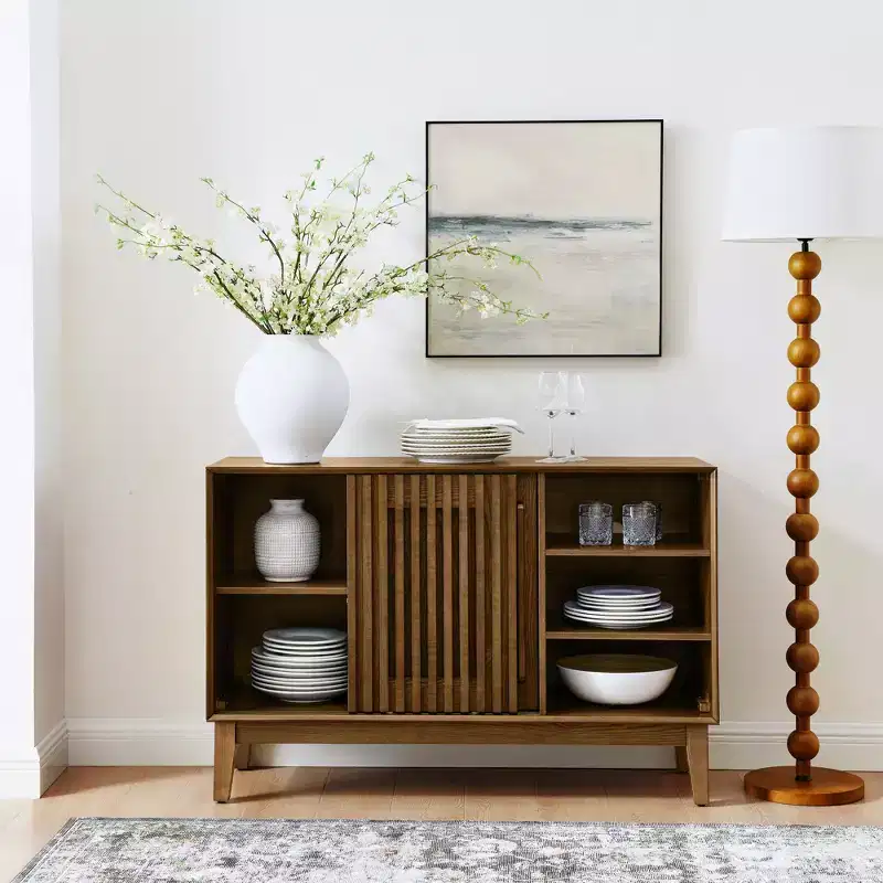 47.3-Inch Sideboard Buffet Cabinet with Storage, Farmhouse Fluted Sideboard with 2 Doors & Solid Wood Feet, Media Console Cabinet