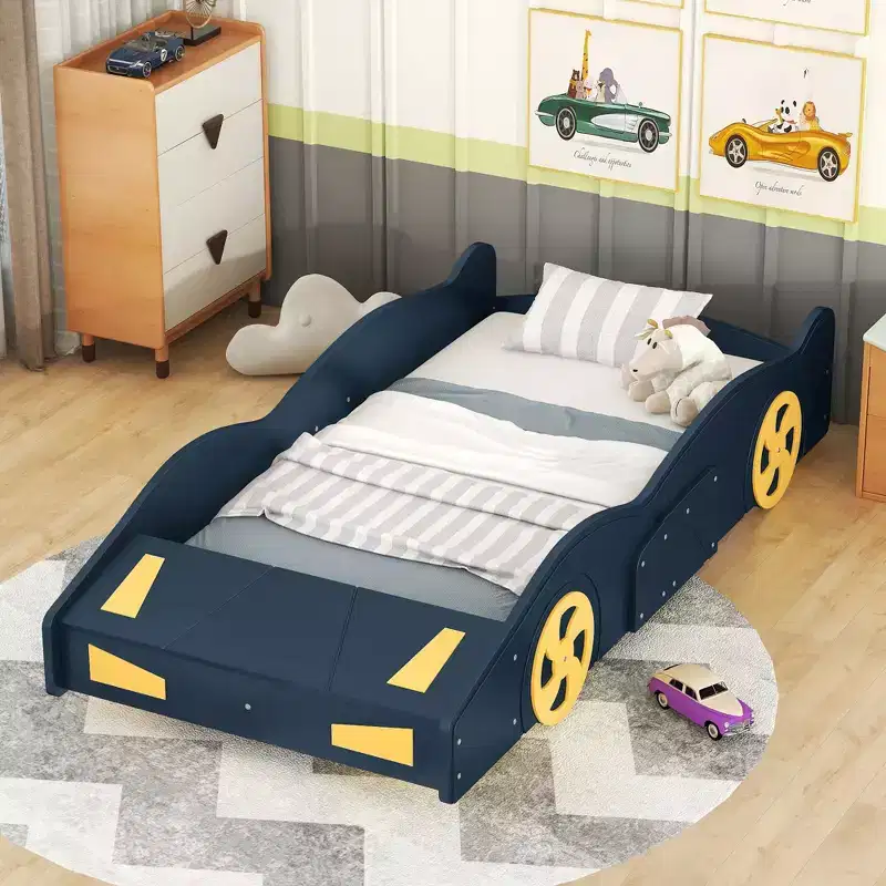 Okak Twin Size Bed Frame, Twin Race Car-Shaped Platform Bed with Wheels and Storage for Bedroom, Dark Blue+Yellow
