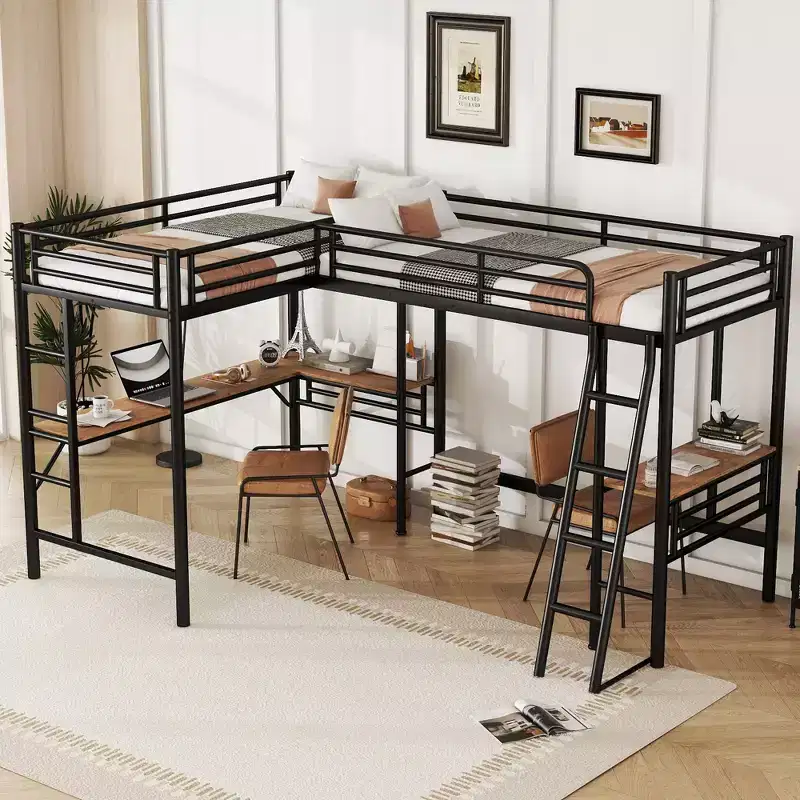 Whisen 117.9''L x 77.9''W x 68.1''H Twin Size Metal Loft Bed with 2 Built-in Desks and 2 Ladders - Black