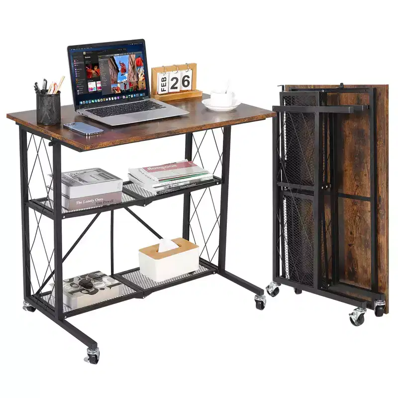31.5'' Foldable Desk with Wheels, 3 Tier Mobile Computer Desk with Open Shelves, No-Assembly Wooden Writing Work for Office Bedroom Living Room