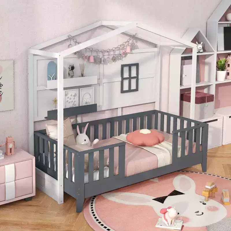Twin Size Kids House Bed Frame with Fence, Window, Wooden Slats & 2 Storage Shelves – 82