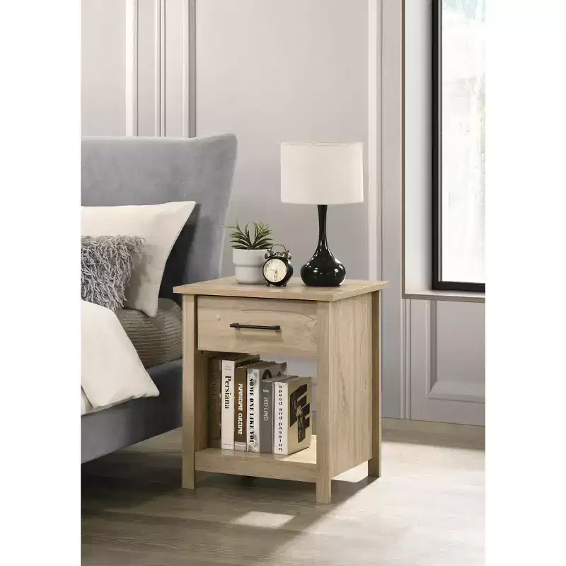 This Celeste 20W Light Oak Finish 1-Drawer Nightstand Bedside Table combines contemporary style with smart storage solutions, creating a space.