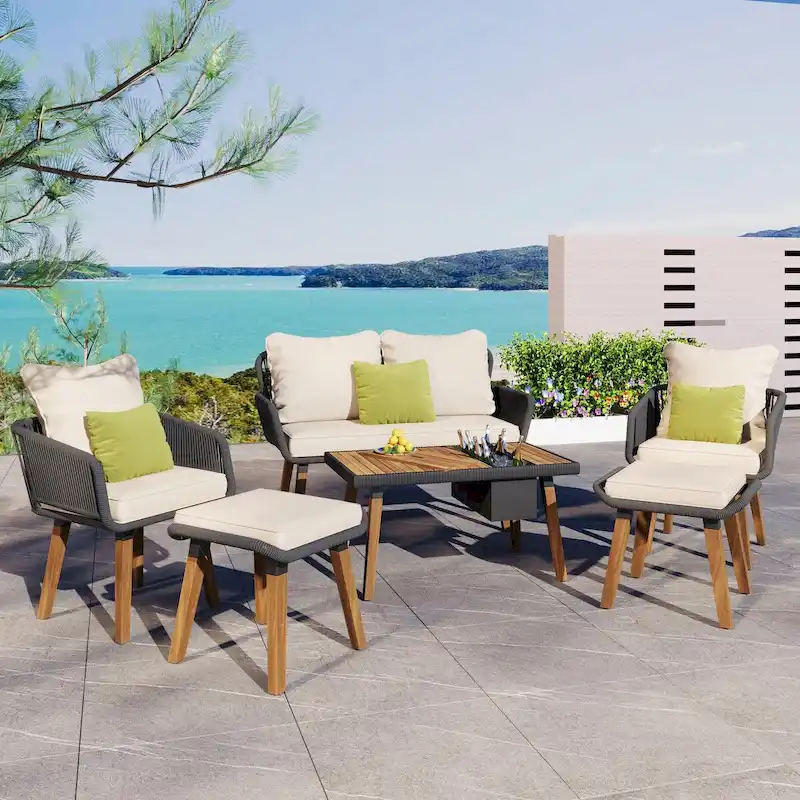 6-Piece Rope Patio Furniture Set with Acacia Wood Cool Bar Table