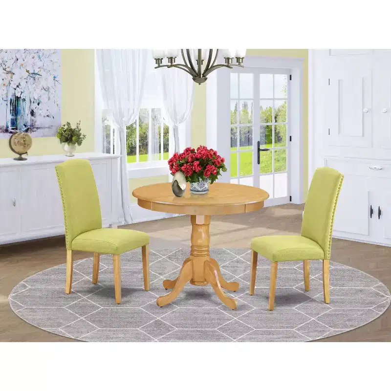 Round Dining Table Set - 36 Inch Table & 2 Chairs - Linen Fabric - Solid Wood Base