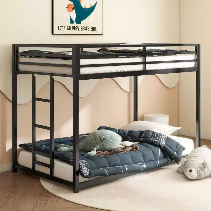 Okak 76.69IN Twin-Over-Twin Kids Bunk Beds with Metal Frame, Low Profile Bunk Bed with Ladder and Guardrails, Bed Frames for Bedroom, Black