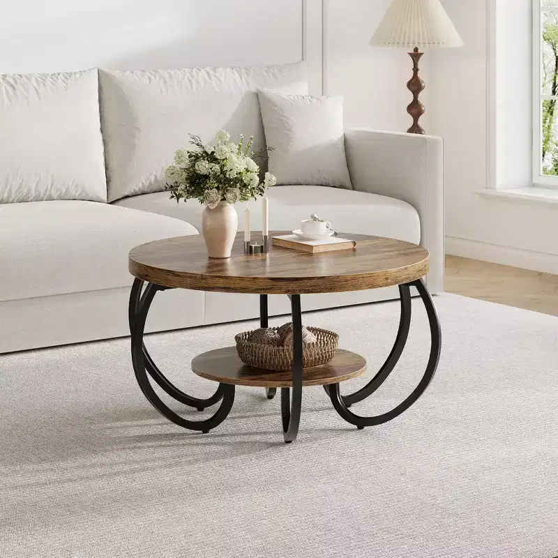 30 Inch Round Industrial Coffee Table 2-Tier with Adjustable Feet Wood Grain Shelf Flame Design Easy Assembly Living Room