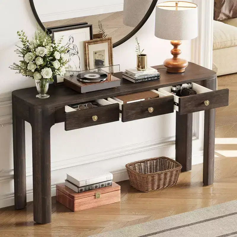 Vintage Wood Veneer Console Table with 3 Storage Drawers & Curved Corners, Elegant Entryway Table for Foyer, Hallway & Living Room