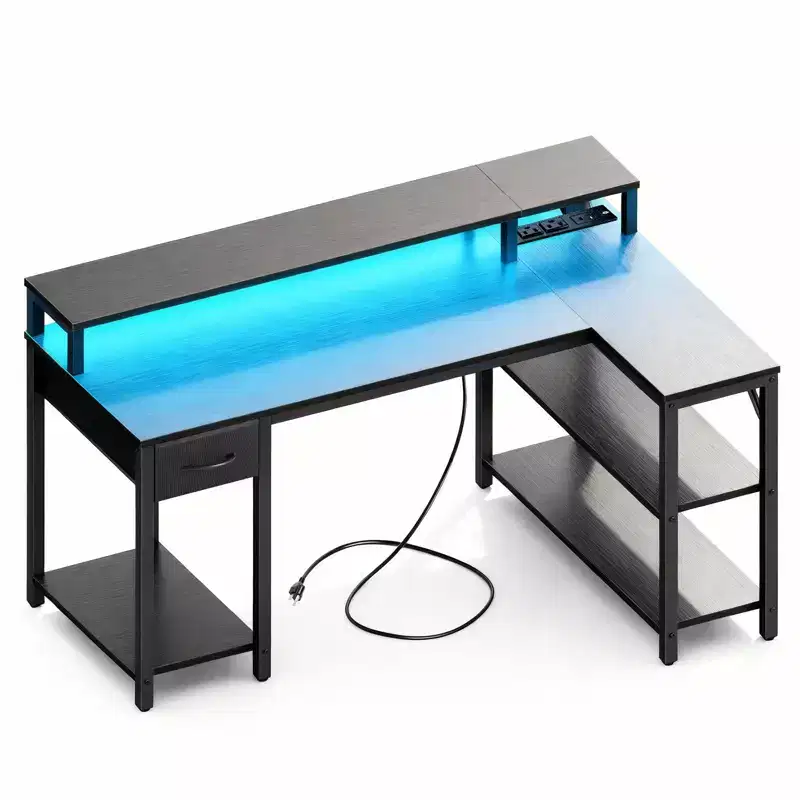 L-Shaped Gaming Computer Desk with Power Socket Shelves Storage Metal Frame 47