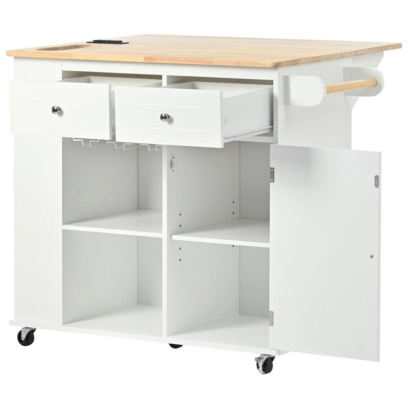 Drop Leaf Rubber Wood Kitchen Island with Power Outlet,Wine Rack