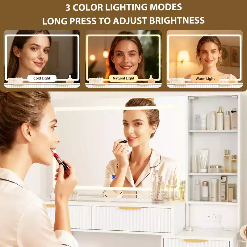 48 Inch Fluted Makeup Vanity Desk with Lights Glass Top 36 HD Lighted Mirror 5 Drawers 3-Tier Shelves White