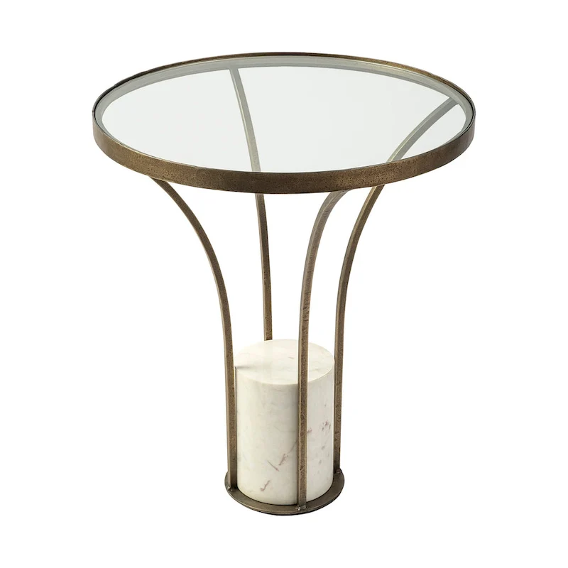 Glass Top with Gold Metal and White Marble Pedestal Round Side Table