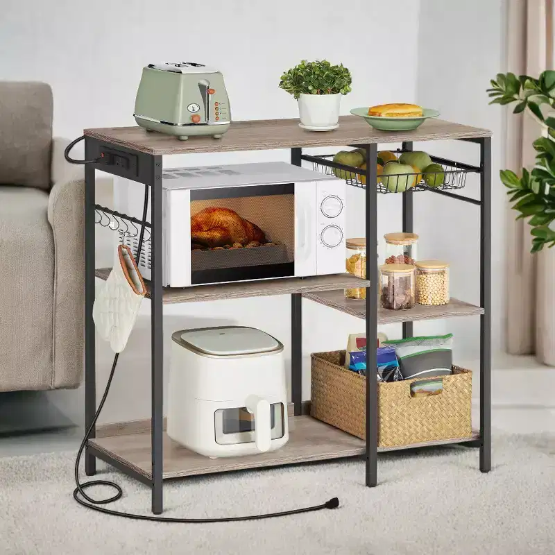 Baker's Rack Coffee Bar Stand with Charging Station, Pull-Out Wire Basket & Adjustable Shelves, 400 lbs