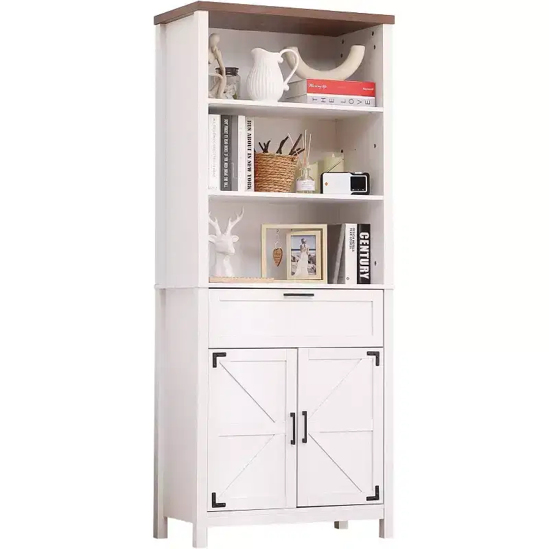 72 Tall 6-Tier Farmhouse Bookshelf with Doors, Cabinet & Drawer Wooden Bookcase with Adjustable Shelf for Living Room, Kitchen & Bedroom