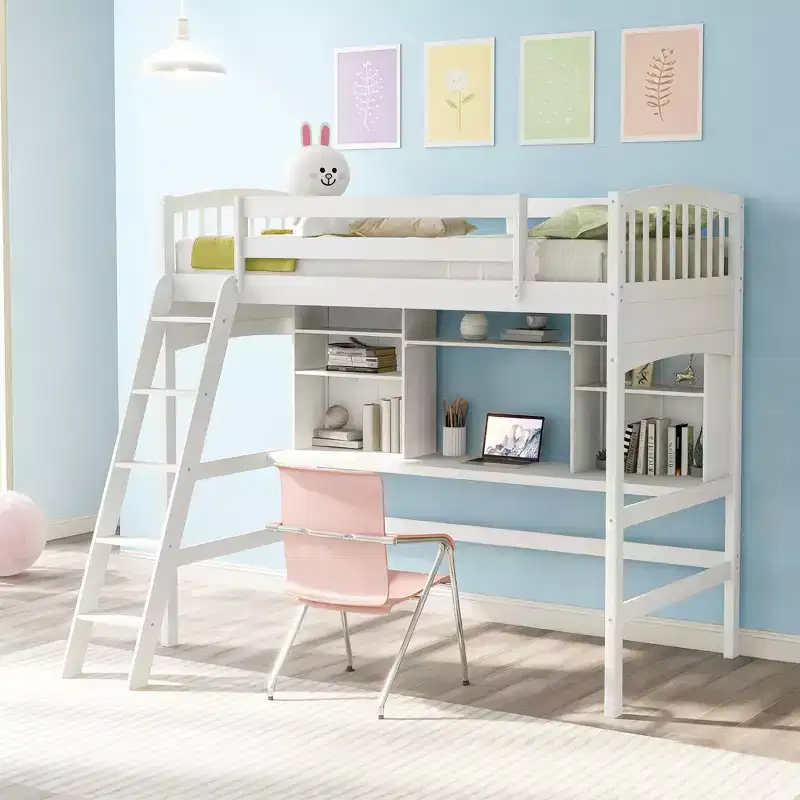 Modern Twin Loft Bed with Desk, Storage Shelves and Adjustable Ladder
