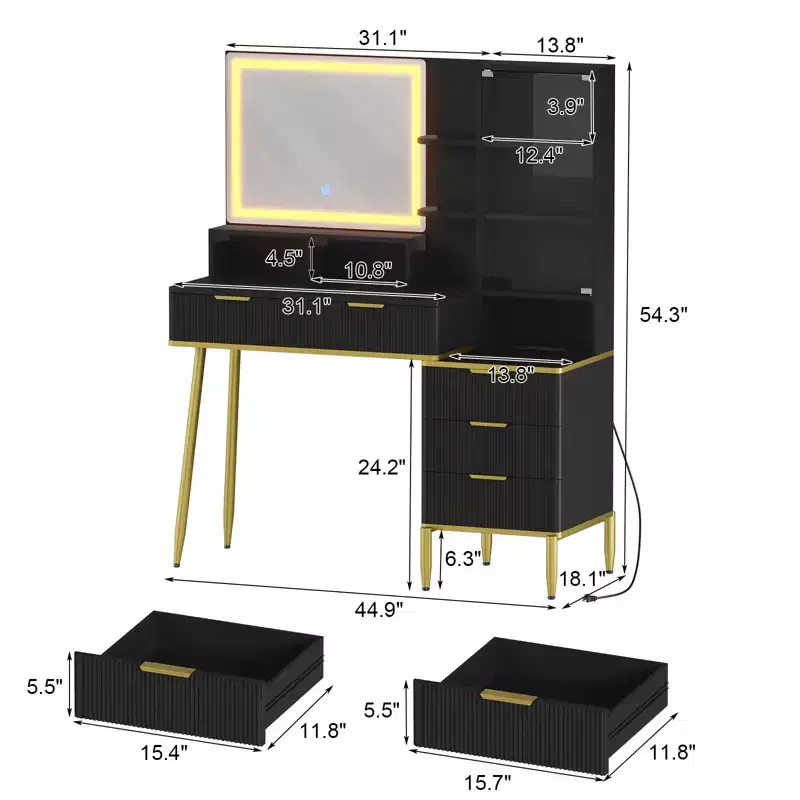 Fluted Vanity Desk, Makeup Vanity Desk with 5 Drawers, Storage Shelf, 3 Colors Lighting Adjustable Brightness for Bedroom