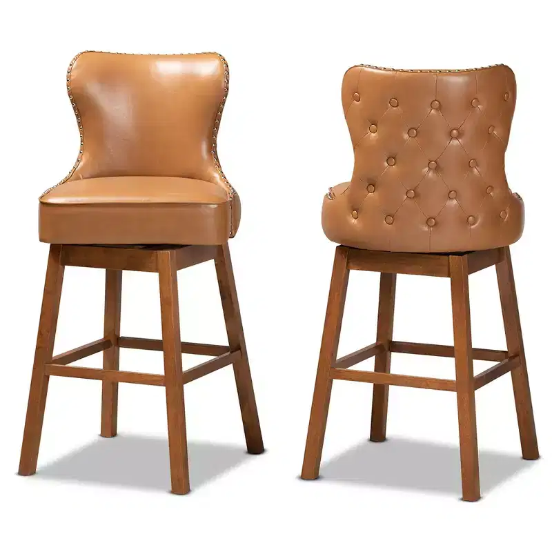 2pc Gradisca Tan Wood Swivel Barstool Set Brown - Baxton Studio: Upholstered, Nailhead Trim, Rectangle Shape