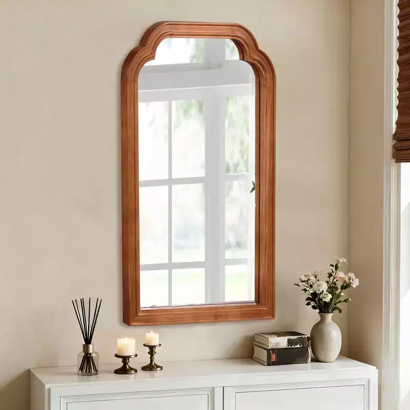 24x36 Solid Wood Frame Rounded Corner Decorative Wall Mirror, Bedroom Bathroom, Yellowish Brown