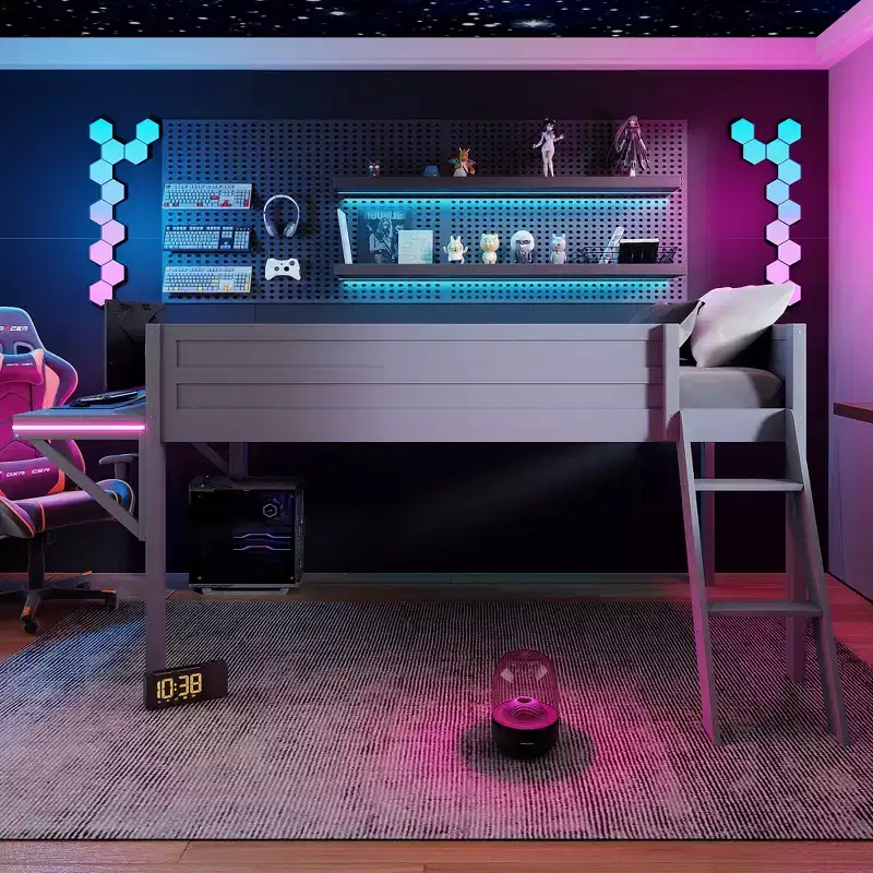 Twin/Full Size Gaming Loft Bed, Wood Bed Frame with Desk and LED, Gray
