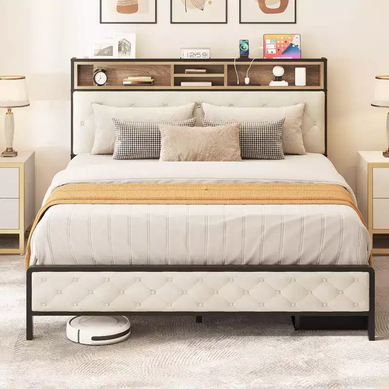 GDFStudio Roger Modern Platform Bed Frame with Upholstered Storage Headboard and Footboard