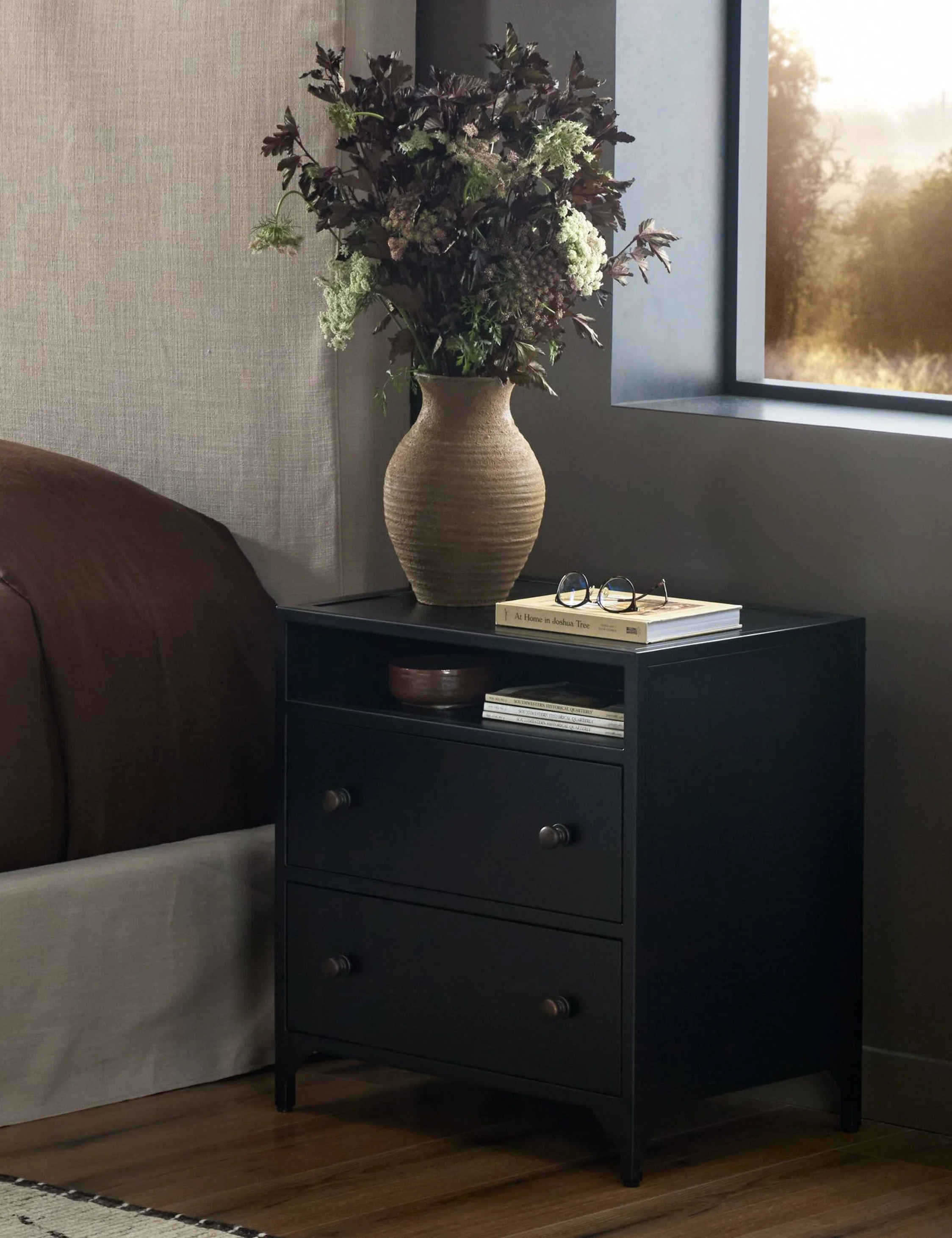 2-Drawer Nightstand - Perfect for industrial-inspired bedrooms, this nightstand brings a sophisticated touch thanks to round drawer pulls that add a