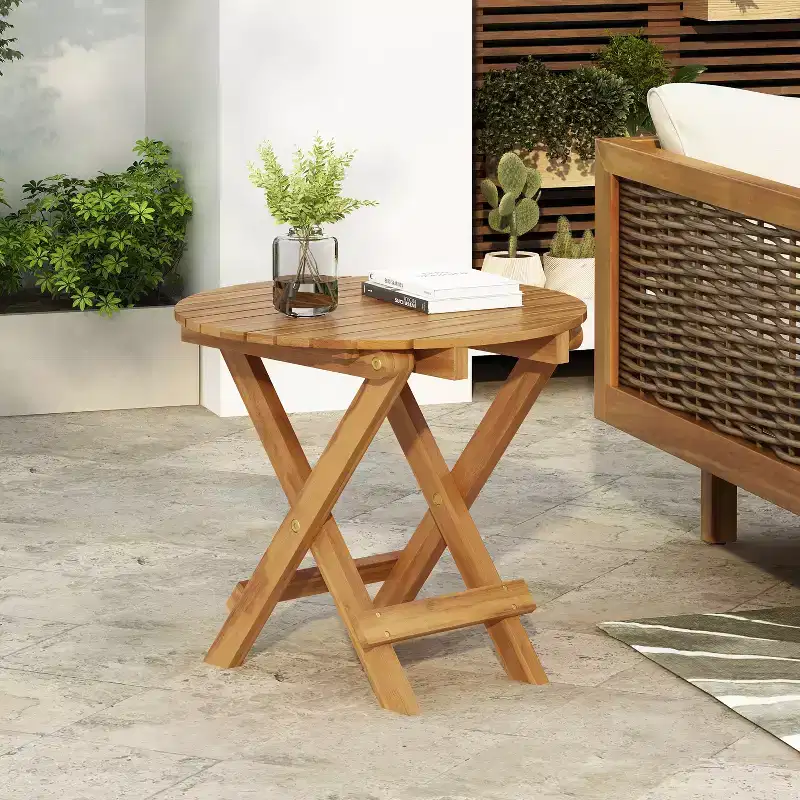 1 Pack Foldable Wood Outdoor Side Table, Adjustable Length End Table for Patio, Small Space, Indoor Outdoor