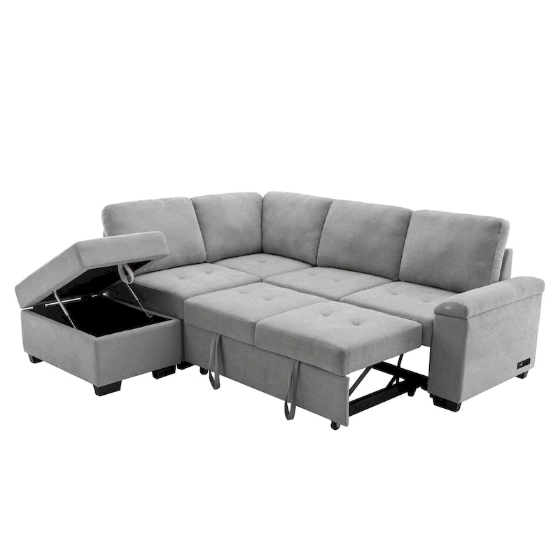 87.4-inch Black L-shaped Sleeper Sectional Sofa with Storage Ottoman, Hidden Arm Storage, and USB Charge