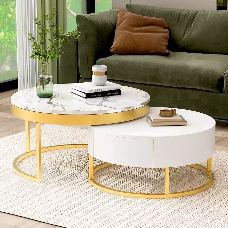 Modern Round Nesting Coffee Table with 2 Drawers - Golden & White
