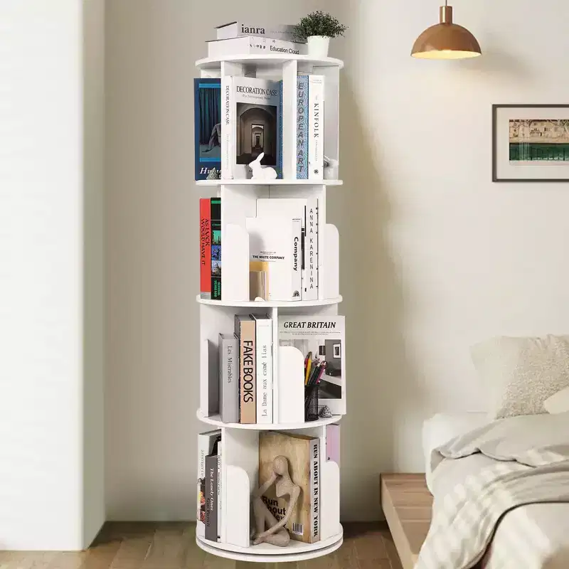 4-Tier 360° Rotating Wooden Bookshelf, Floor-Standing Display Organizer