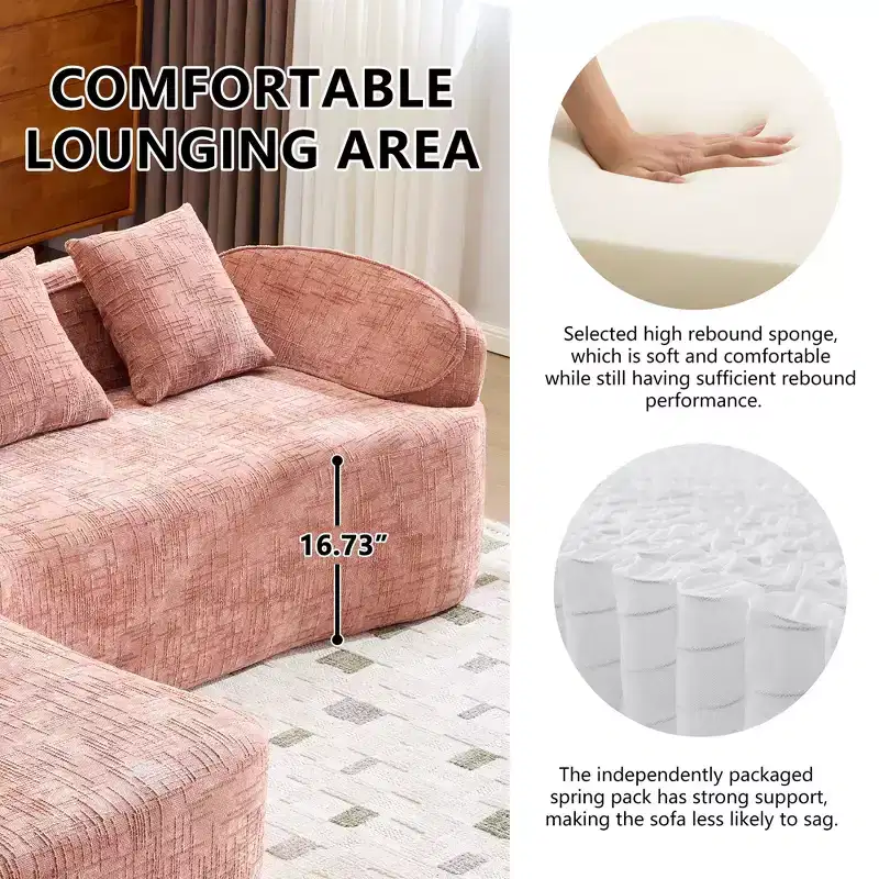 Clihome High-Elastic Chenille L-Shaped Sofa - Curved Armrests & 4 Free Pillows Included