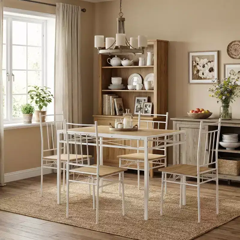 FurnitureR 5-Piece Dining Table Set with 4 Chairs, Space Saving Kitchen Dining Set, Metal Frame Wood Top, Easy Clean for Home Restaurant Classroom