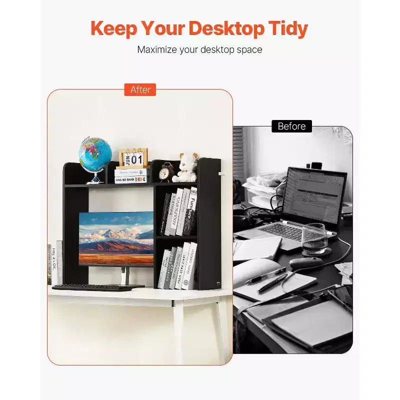 VIYET 29 2-Tier Desktop Bookshelf - Black Wood, Anti-Slip Feet Pads