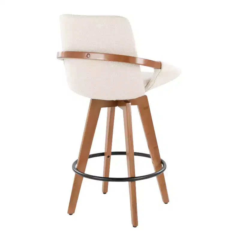 Mid-Century Counter Height Barstool, Walnut Bamboo Frame, Cream Fabric, 360° Swivel