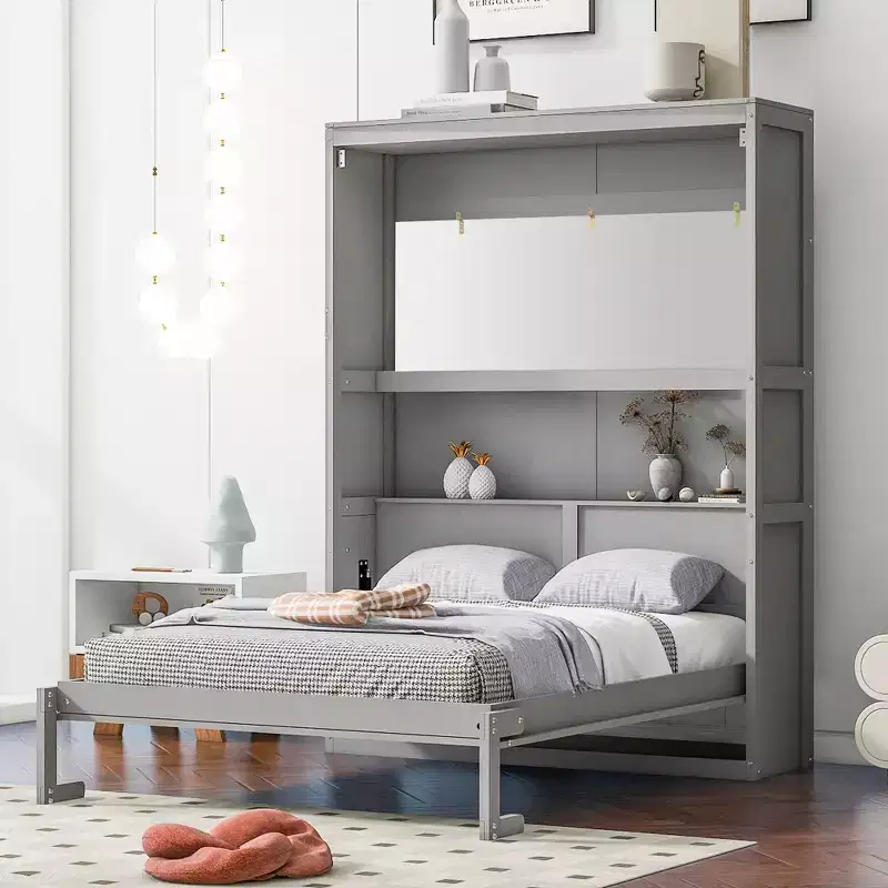 Full/Queen Size Murphy Bed with Shelves, White/Gray