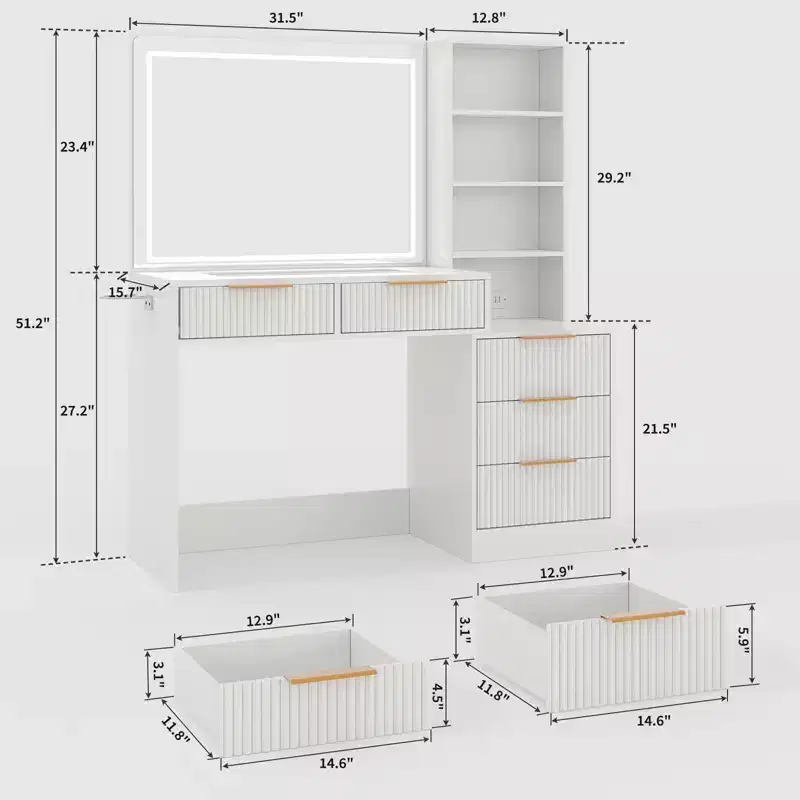 Makeup Vanity Desk with Lighted Mirror & Charging Station, 3-Color Dimmable Touch, 5 Drawers & Glass Top, Modern Bedroom Dressing Table