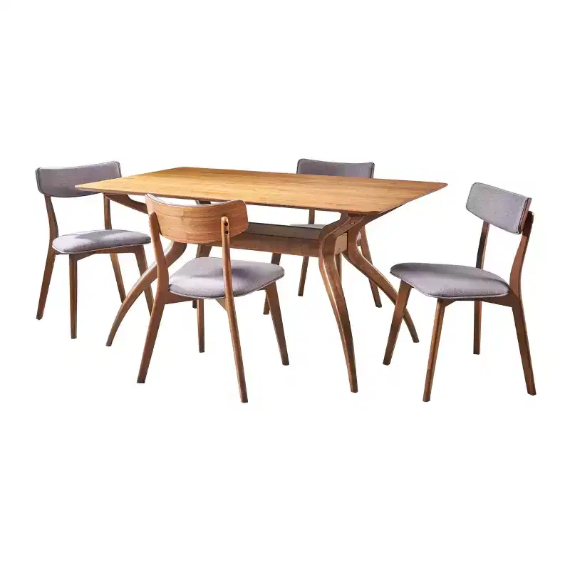 Mid-Century Modern Wood Fabric Upholstered 5 Piece Dining Set