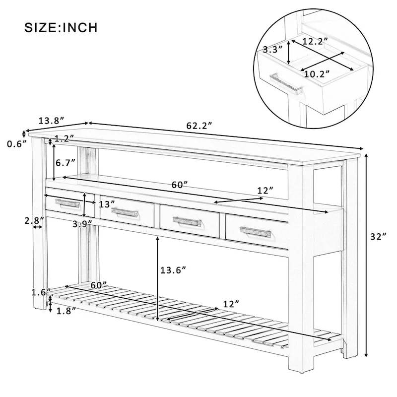 62.2 Modern Console Table with 4 Drawers and 2 Shelves