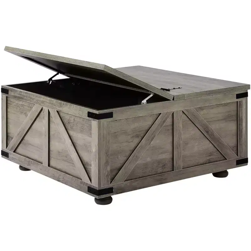 36 Farmhouse Coffee Table, Hinged Square Coffee Table with Large Storage Compartment, Wooden Rustic Cocktail Table