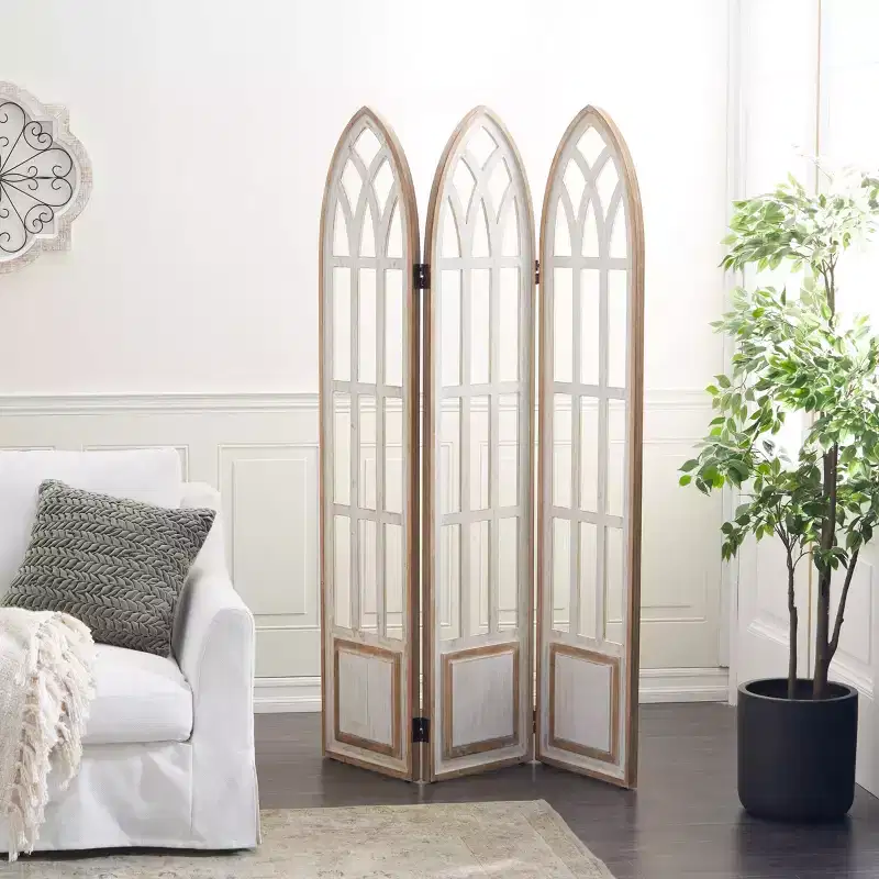 3-Panel Farmhouse Wood Room Divider Screen, White, 48