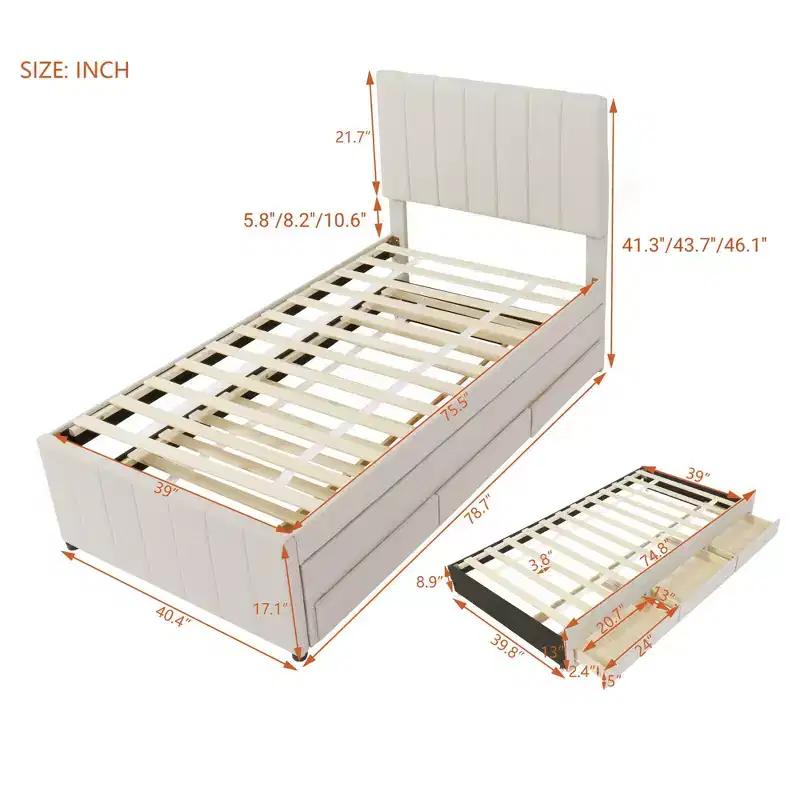 Luxystar Linen Upholstered Platform Bed with Trundle and 3 Drawers for Living Room