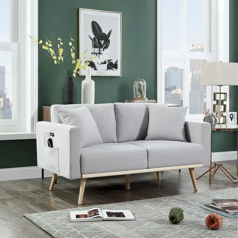 Linen Upholstered Loveseat with 2 Pillows
