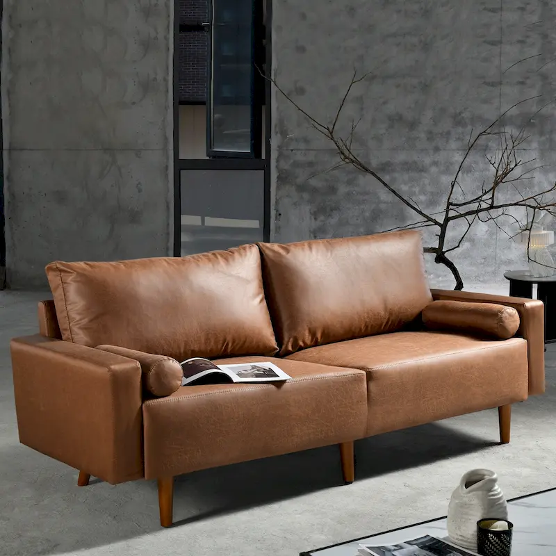 Mid-Century Modern Upholstered Sofa Couch with Rolled Pillows