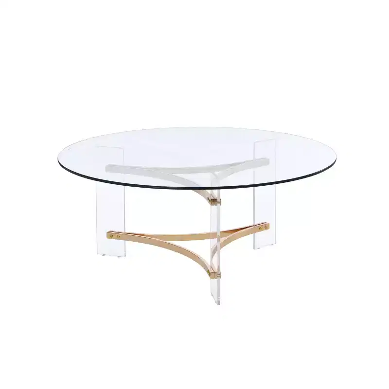 41 Sosi Coffee Table Gold Finish - Acme Furniture: Modern Round Tempered Glass Top, Storage Compartment, Powder-Coated Frame