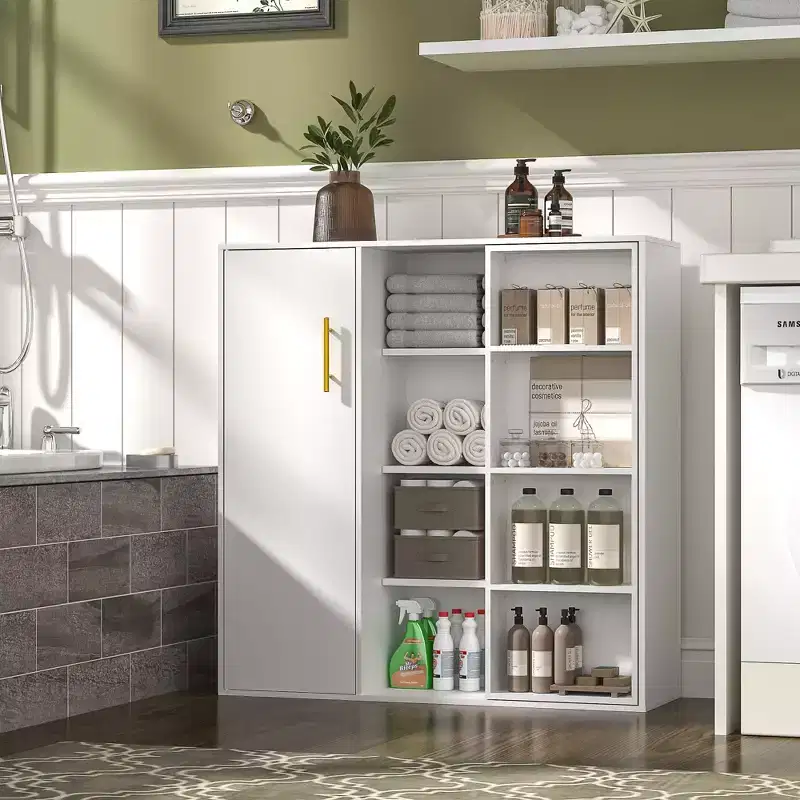 4 Tier Floor Storage Cabinet, Kitchen Pantry Storage with Door & Adjustable Shelves, Freestanding Organizer for Bathroom, White