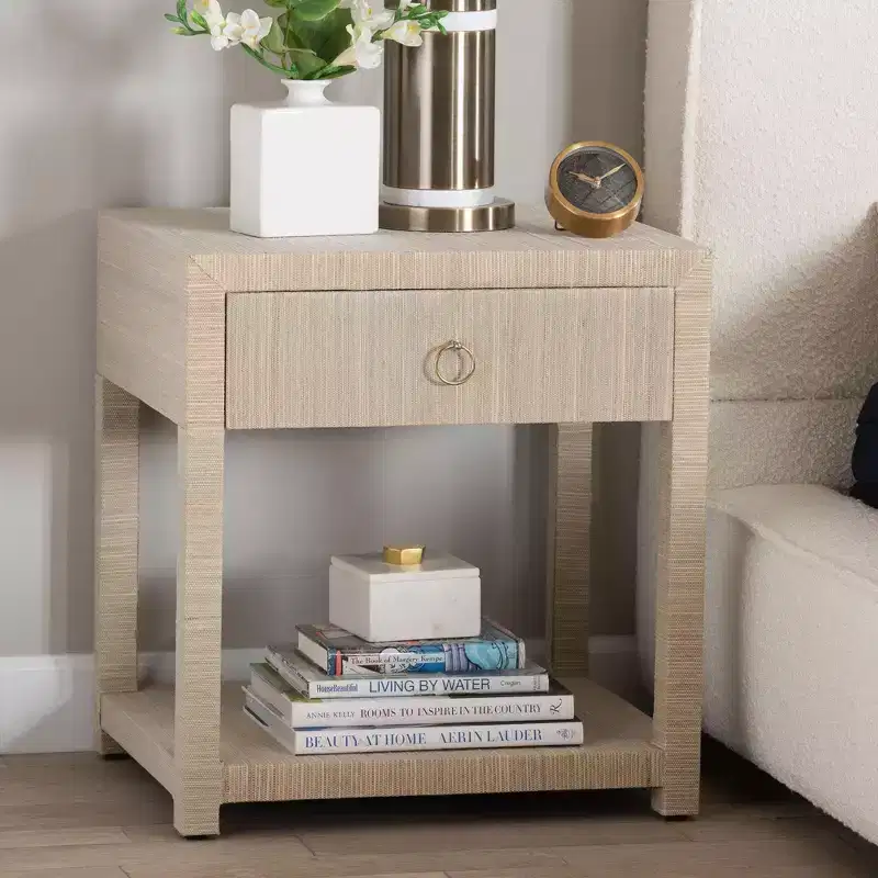 Brown Woven Grasscloth 1-Drawer Nightstand, 1-Person