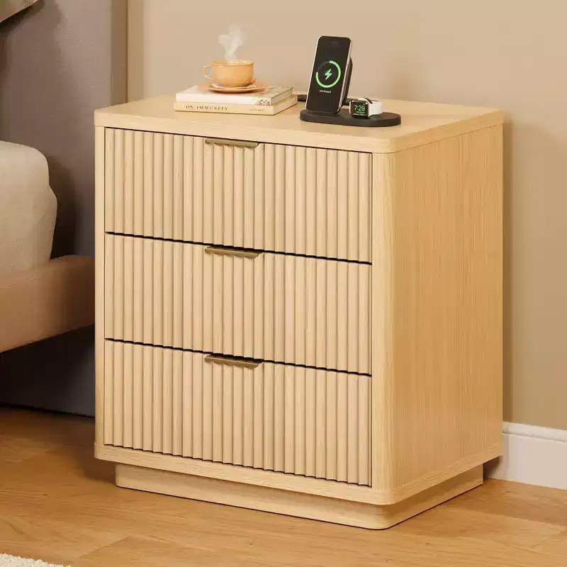 Fluted Nightstand with 3 Drawers, Built-In Outlet & USB Ports, Light Wood, Space Saving