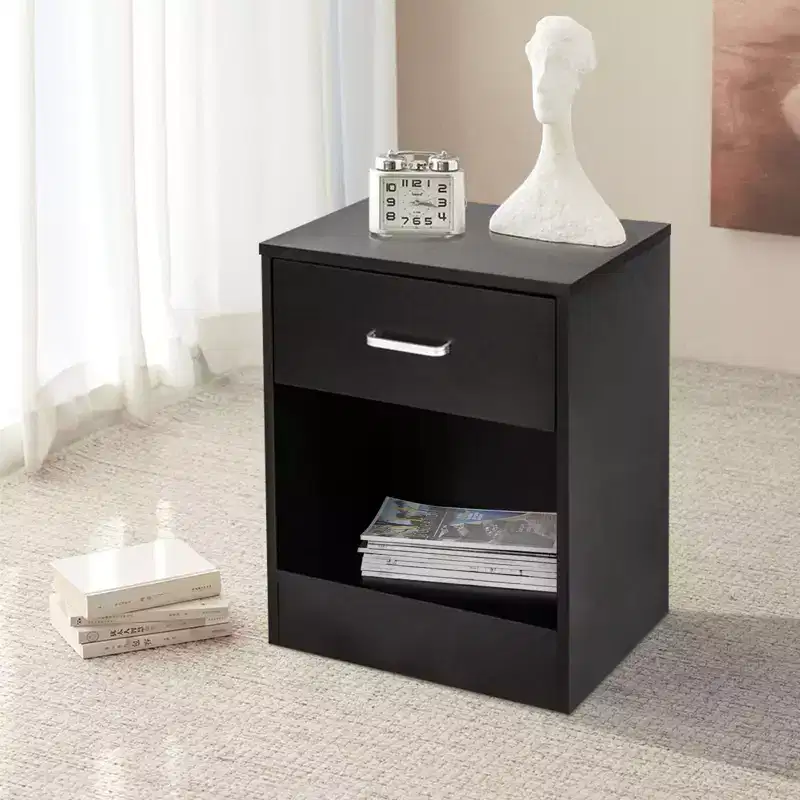 1-Drawer Black Nightstand, Set of 2