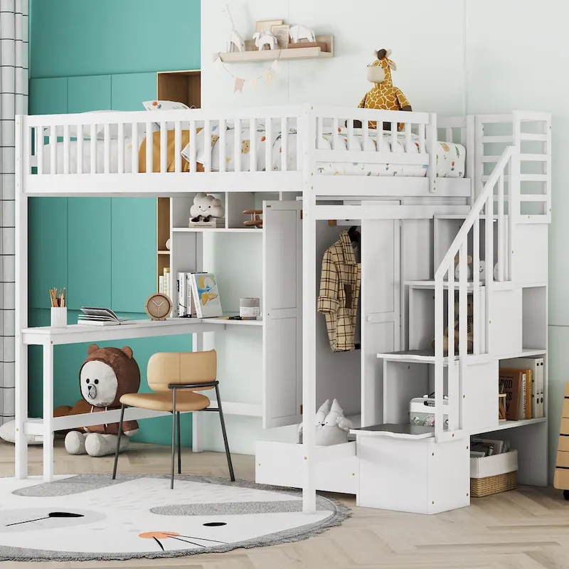 Full Pine Loft Bed with Desk and Storage