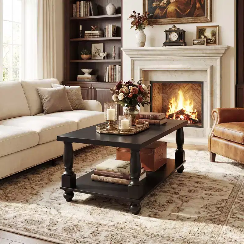 Besiost 47 Farmhouse Coffe Table with Solid Turned Legs, 2-Tier Living Room Center Table with Storage