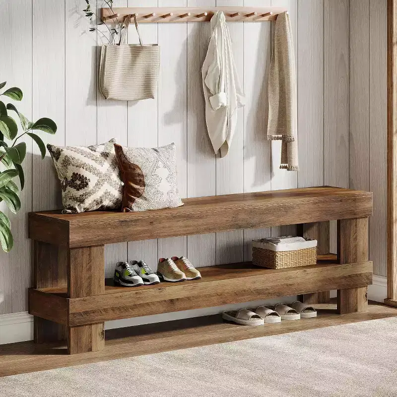 Lantine Farmhouse Entryway Bench, 59-Inch Long Shoe Bench with Open Storage Shelf, 2-Tier Narrow End of Bed Benches for Bedroom, Hallway, Living Room