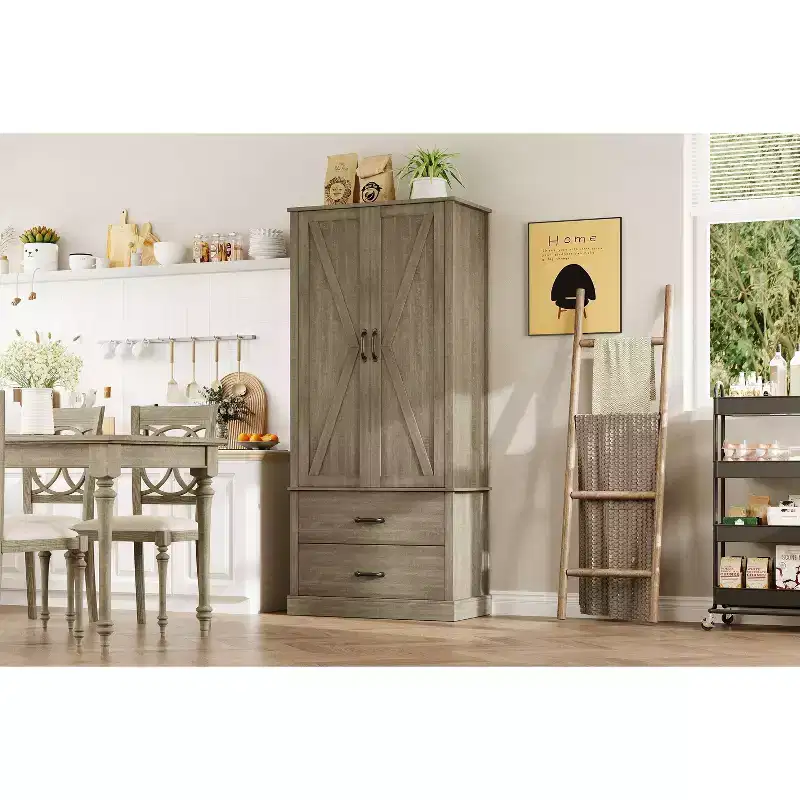 Barn Doors, Drawer, and 2 Adjustable Shelves, Kitchen Pantry Storage Cabinet Freestanding Tall Hutch for Kitchen, Dining Room